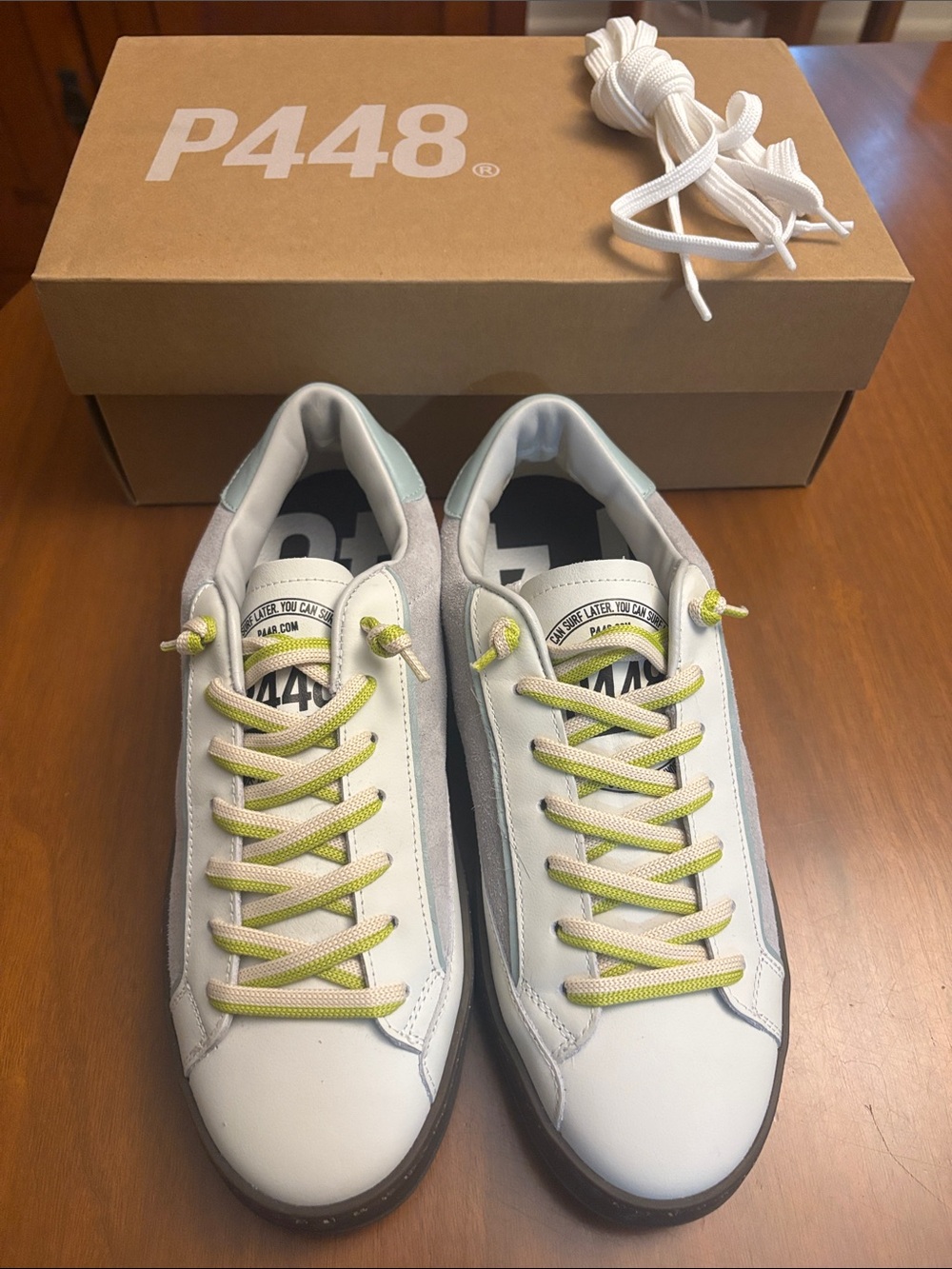 P448 Unisex White Leather Low-Top Sneakers with Lime Accents